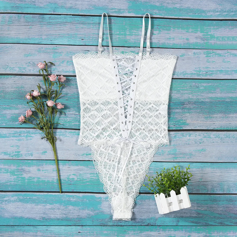 

Lace Fan-Shaped Sexy Underwear Women V-Neck Transparent Bodysuit See Through Catsuit Lingerie Sexy Erotic Woman Clothes Costumes
