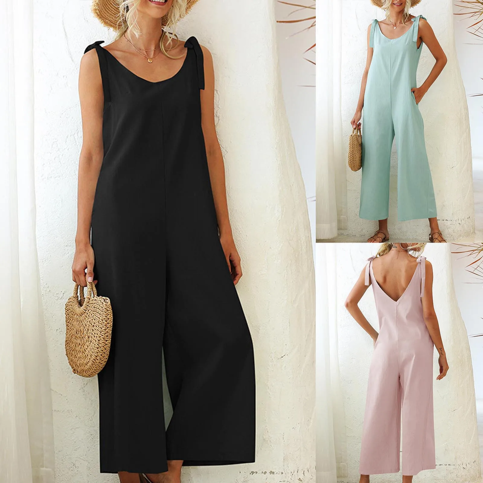 

Женский свободный комбинезон на бретельках, летние повседневные широкие брюки в стиле ретро, однотонные женские комбинезоны большого разм...