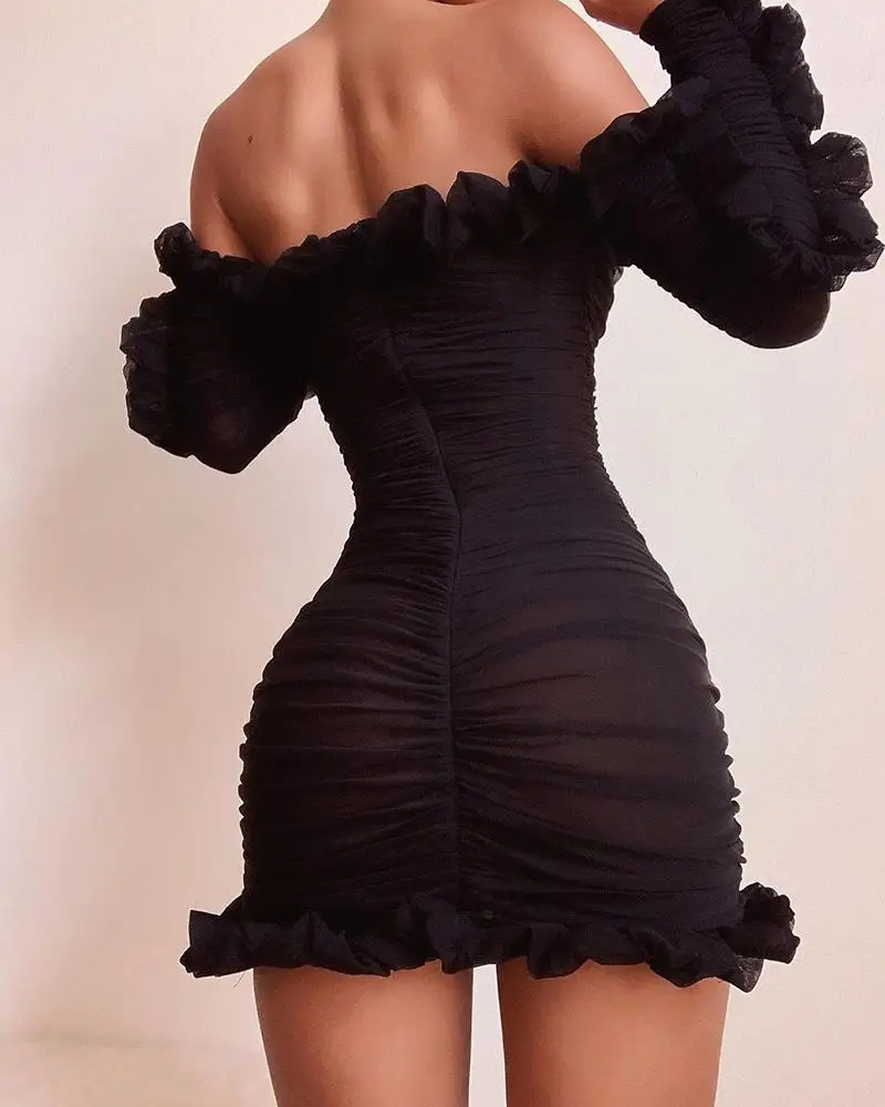 

Solid Lace-Up Off Shoulder Ruffles Ruched Dress