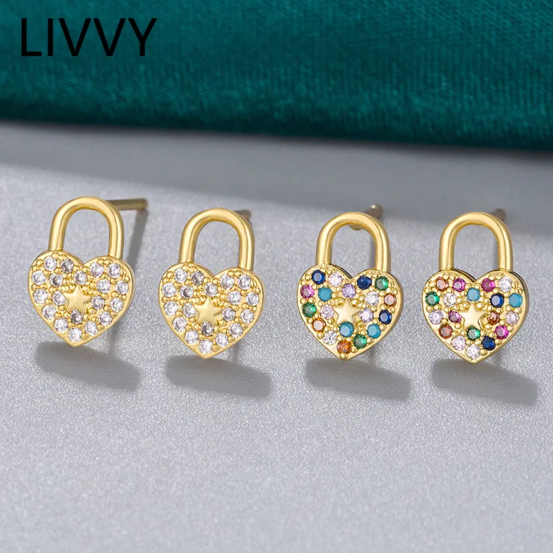 

LIVVY New Arrival Creative Design Love Heart-Shaped Lock Colorful Zircon Stud Earrings Women Girls Fine Jewelry Gift