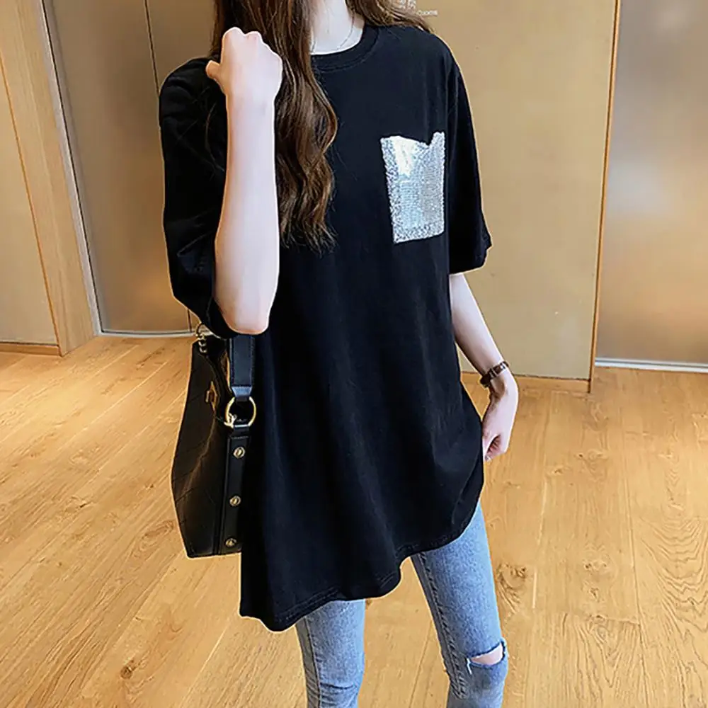 

2021 Casual T Shirt Women Korean Slyle Loose Women Summer Loose Comfortable Medium Length Pocket O Neck Short Sleeves T-shirt