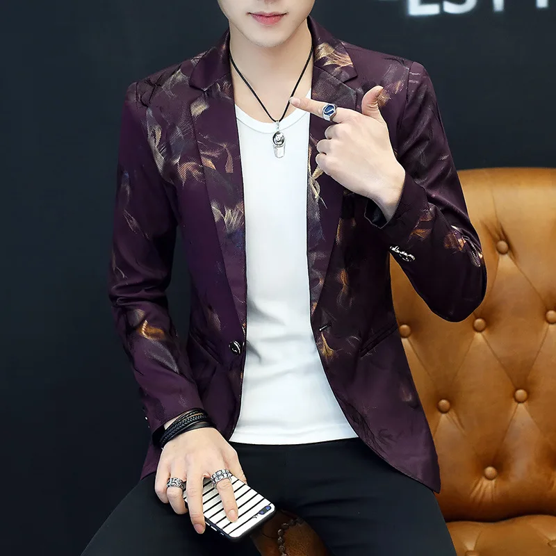 

2020 Spring Men Casual Printed Small blazer Youth Fashion Bronze Slim Fit Trend Handsome blazer