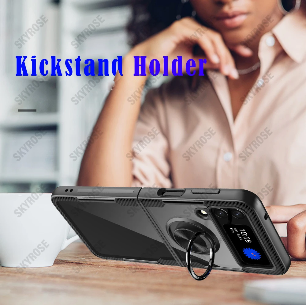 For Samsung Galaxy Z Flip 3 Case Carbon Fiber Texture Magnetic Car Holer for Samsung Z Fold 3 Rotate Ring HD Clear Armor Case