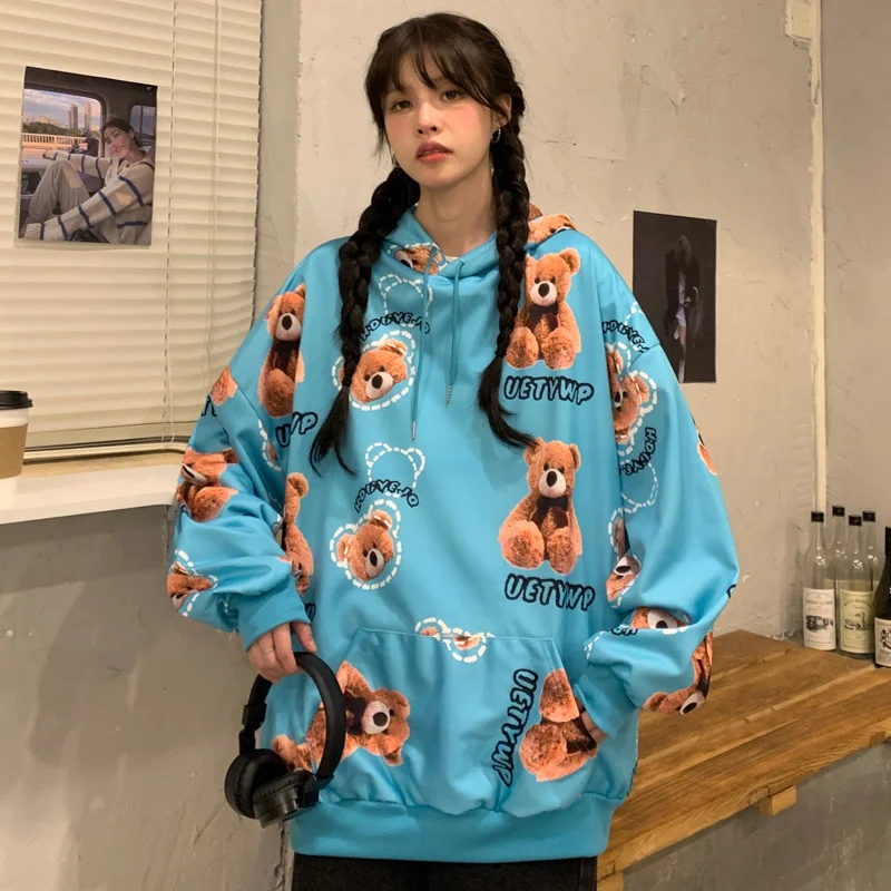 

Original Real Shot New Full Printed Bear Loose Hooded