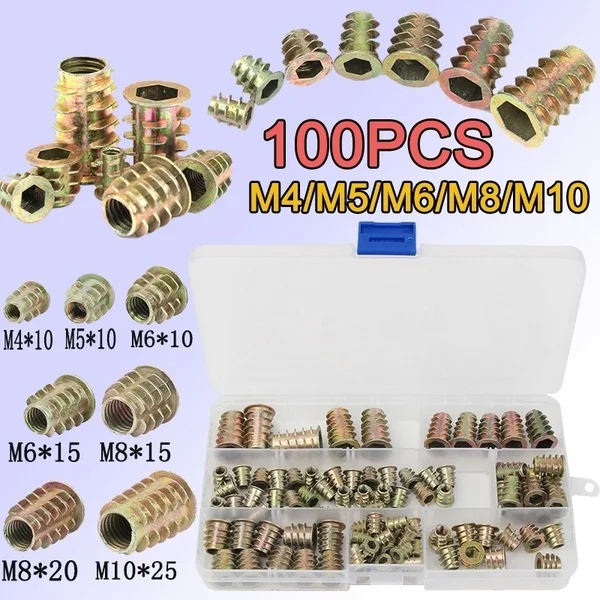 

100PCS M4/M5/M6/M8/M10 Hex Drive Head Nuts Zinc Alloy Assortment Insert Nuts Kit With Storage Box