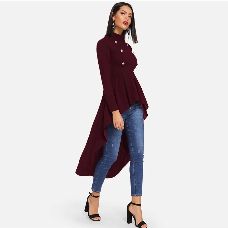 SHEIN Стильный Топ С Асимметричным Низом Черная Модная Блузка Со Стоячим Воротником И Длинными Рукавами