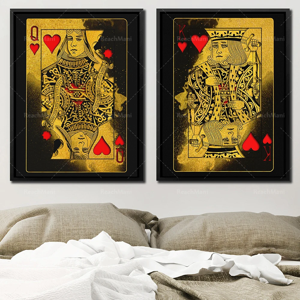

Two piece wall art deco poster with king and queen hearts on canvas