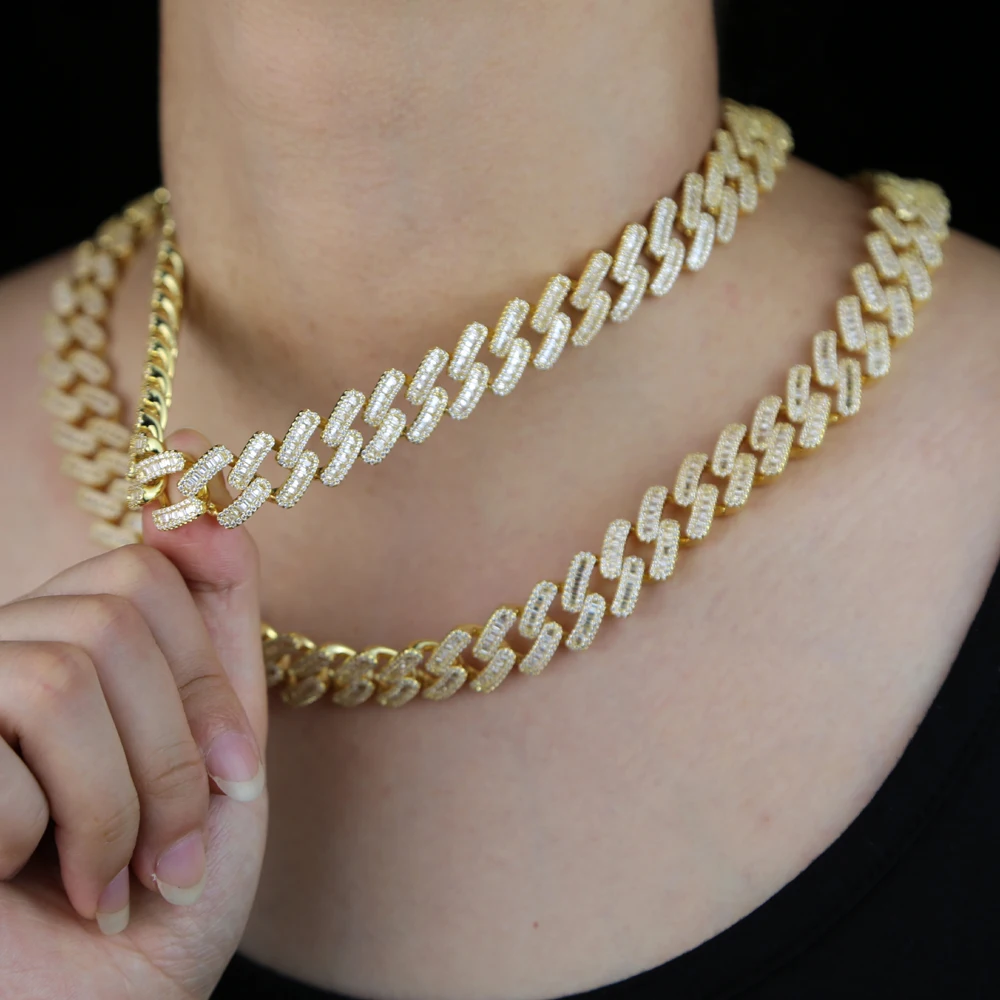 

New 15mm Baguette Prong Cuban Link Necklace CZ Iced Out Chain Hip Hop Fashion Luxury Bling Silver Color Choker Chain For Gift