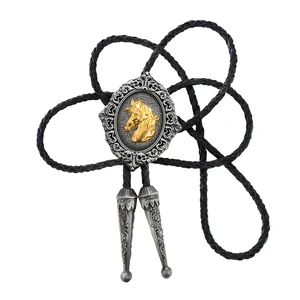 Мужской галстук в стиле вестерн Боло с кожаной веревкой, золотая голова лошади, винтажный ковбойский галстук с круглым вырезом, оценочные аксессуары