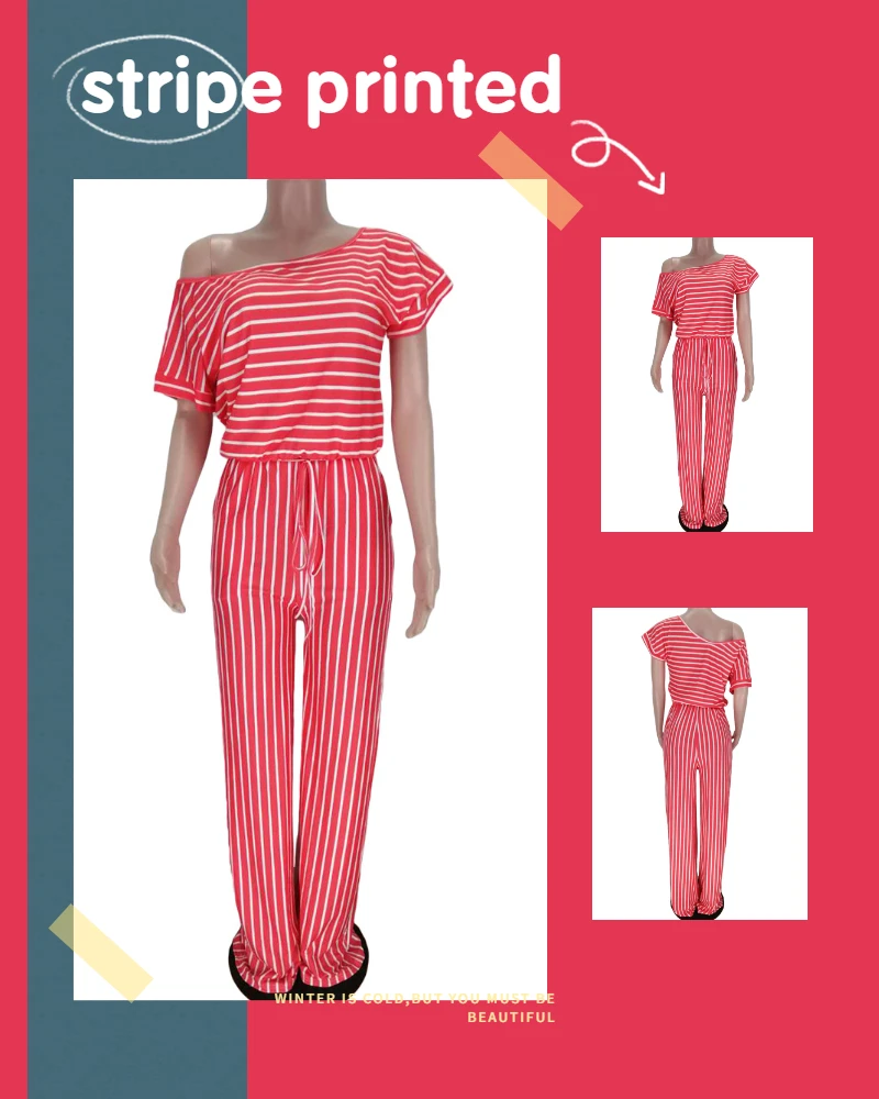 

Women Causal Striped Short Sleeve Jumpsuit Plus Size Loose Fit Summer Long Pants Daily Overalls Comfy Jumpsuit