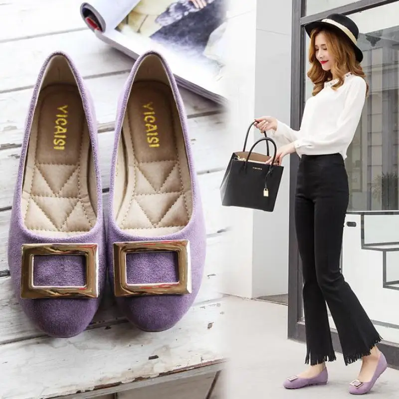 Round Toe Women's Flats Shoes Metal Buckle Loafers Slip On Ballerina Moccasins Shallow Single Large Size Zapatos Mujer | Обувь