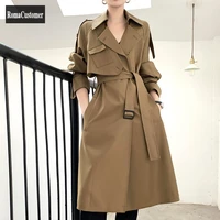 khaki trench outerwear womens spring autumn new british style lace up design long female overcoat sashes single breasted coat