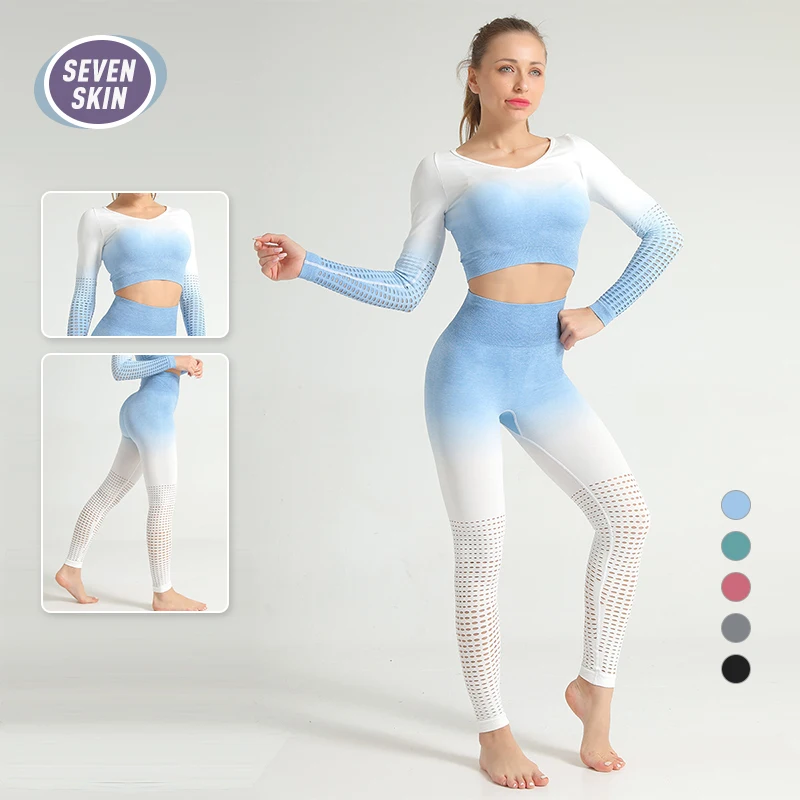 

Женский комплект для йоги SEVEN SKIN, бесшовная спортивная одежда с градиентом, леггинсы для спортзала и фитнеса, укороченный топ с длинным рука...