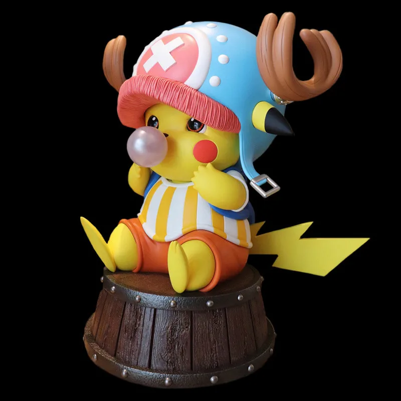 

Genuine Pokemon Toy Model Anime GK Pikachu cos Chopper Blowing Bubble Sitting on Wine Barrel Collection Toy 16CM