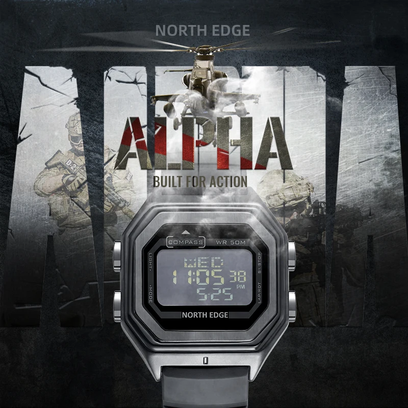 Pаспродажа Часы NORTH EDGE мужские цифровые, спортивные в стиле милитари, водонепроницаемые до 50 м, уличные металлические с компасом, секундомером и обратн...