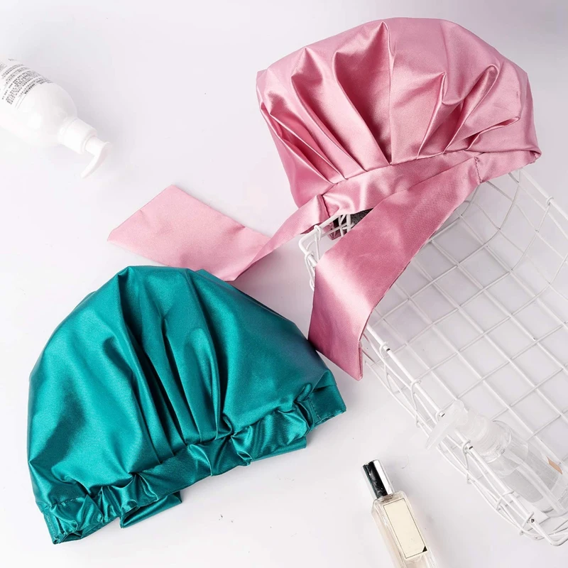 

AK40 Shower Cap Bowknot Double Layer Reusable Bath Hair Caps Adjustable Bath Hair Cap