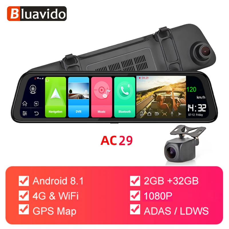 AC29 Bluavido 1" ips 4G Android 8,1 Автомобильное зеркало заднего вида DVR камера gps 2GB ram ADAS WiFi Bluetooth FHD 1080P видеорегистратор - Название цвета: AC29