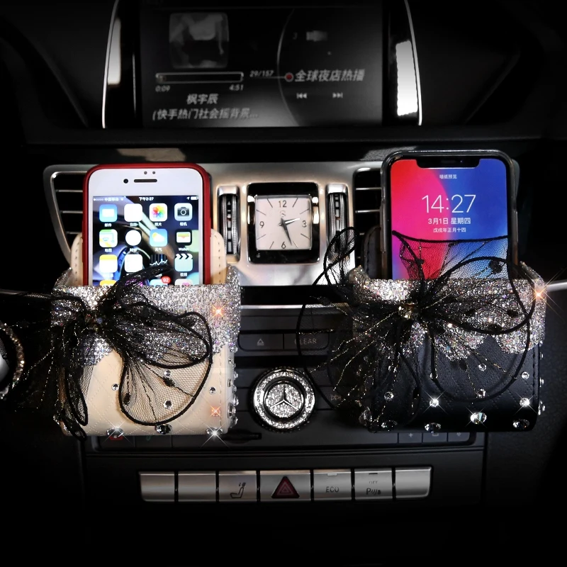

New Diamond Crystal Lace Bowknot Portable Car Storage Box Bag Auto Vent Mount Holder Cosmetics Case Universal Mobile Phone Bag