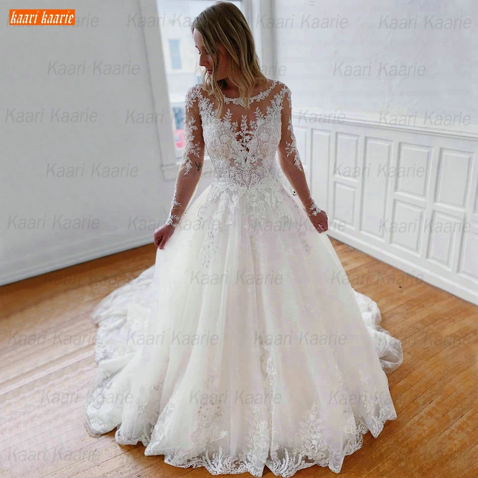 

Elegant Long Sleeves Wedding Dress 2021 O Neck Lace Appliqued Ball Gown Bridal Dresses Long Women Custom Made Vestido Casamento