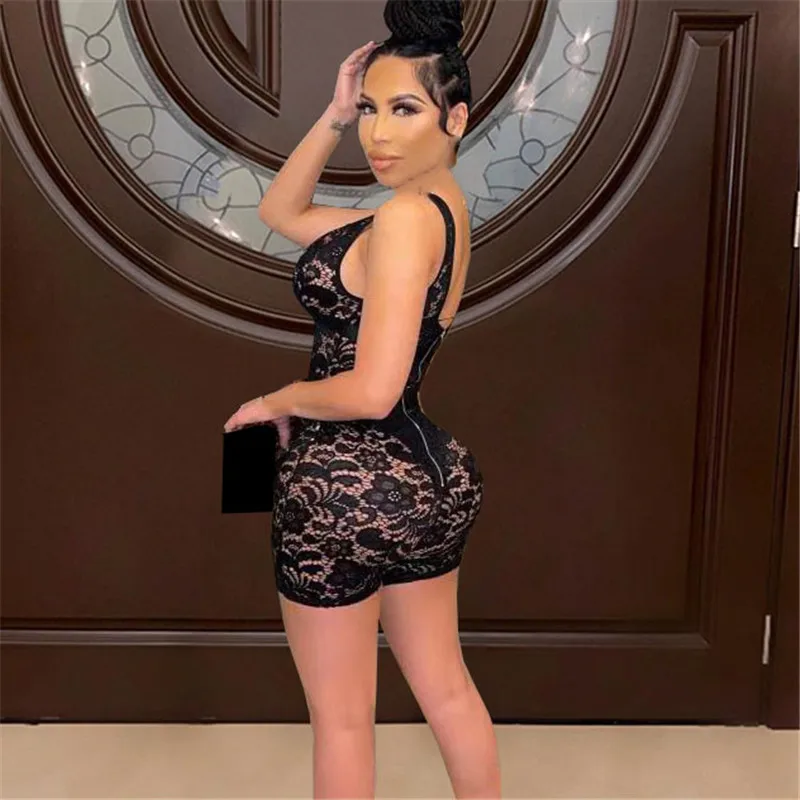

WUHE Patchwork Lace Playsuits Deep V Neck Hollow Out Sexy Sleeveless Package Hip Nightclub Party Casual Women Summer Overalls