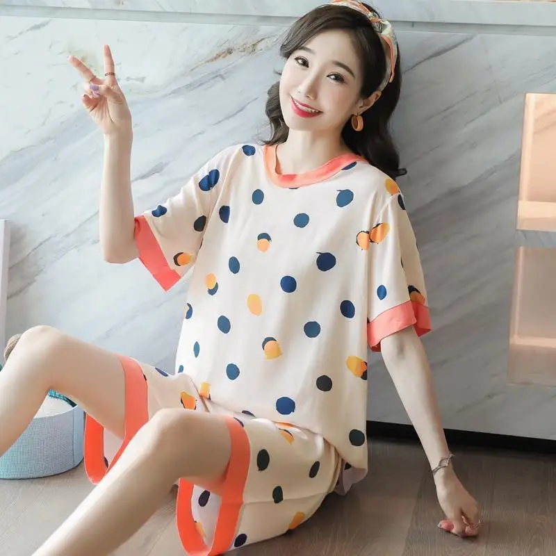 

New cotton silk pajamas women's summer short sleeve shorts cotton silk home suit can be worn out in large and thin sizes