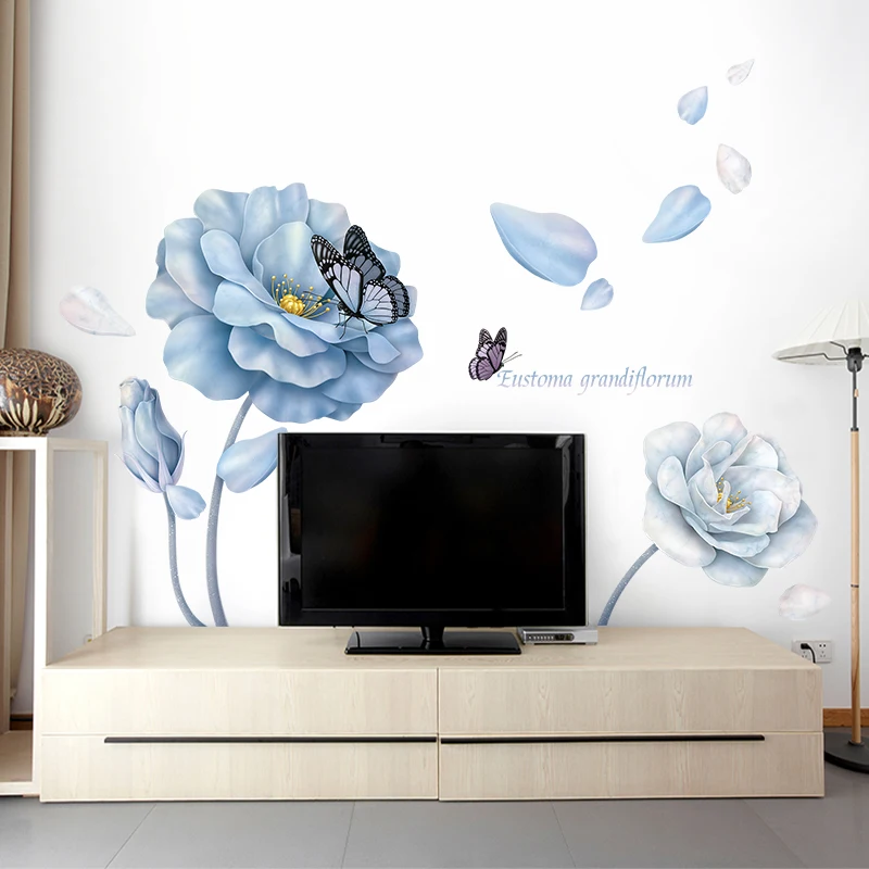 126*86cm Large Blue Flower Wall Stickers for Living room Bedroom Sofa Background Butterfly Vinyl Decal Eco-friendly Mural | Дом и сад