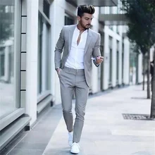 Costumes de mariage pour hommes, ensemble décontracté et luxueux, coupe cintrée, avec revers, gris, veste et pantalon, à la mode, 2021  (1)