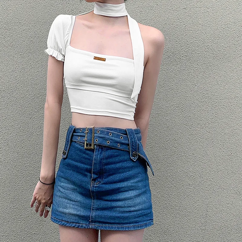 

Однотонная облегающая футболка, женские топы, короткие женские топы с пупком и рукавами-фонариками, асимметричная уличная одежда, летний пи...