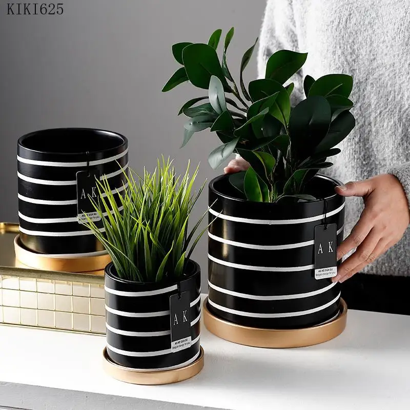 

Household Countertop Flowerpot Plant Cactus Potted Modern Abstract Black and White Striped Ceramic Flowerpot Gardening Decor New