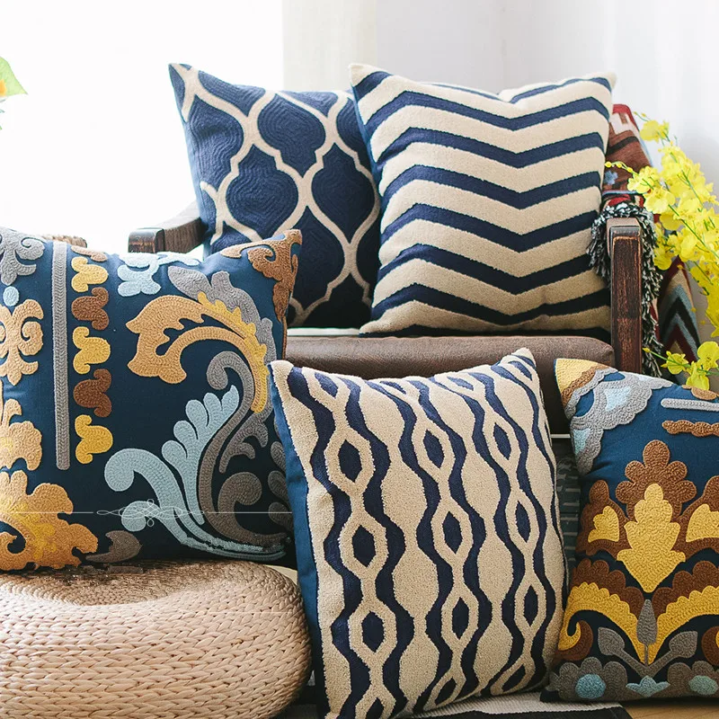 Темно синий полный вышивка наволочка для дома украшение хлопок в стиле бохо