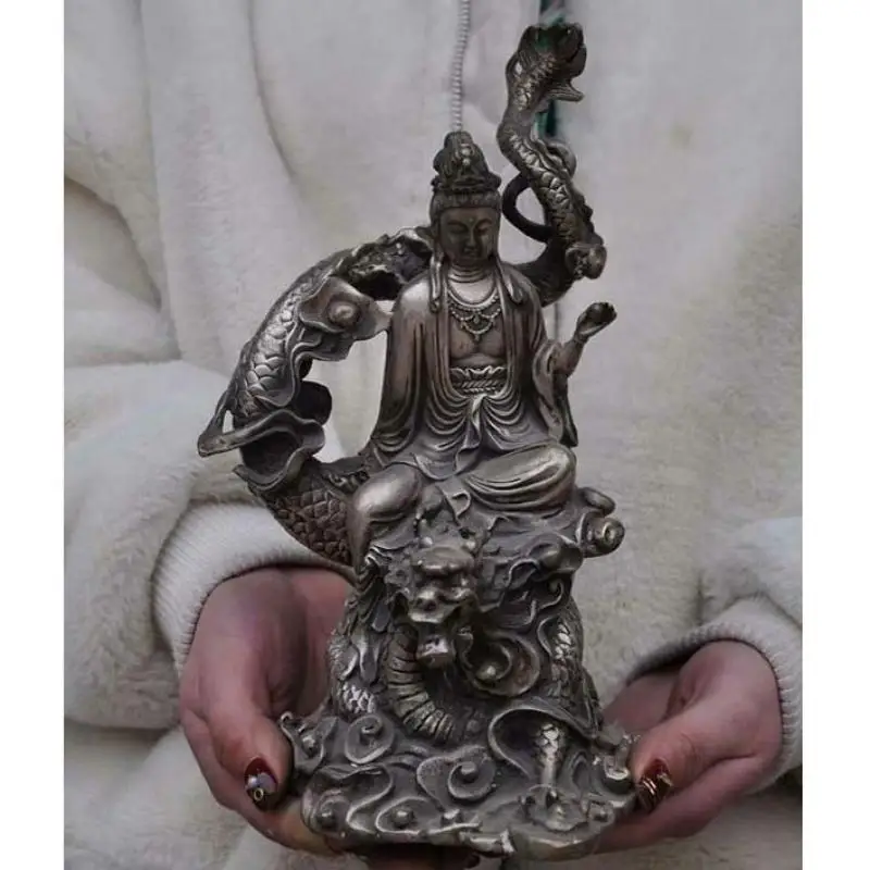

Китайские Серебряные храмы 9 дюймов fane Dragon Kwan-yin GuanYin Бодхисаттва статуя богини