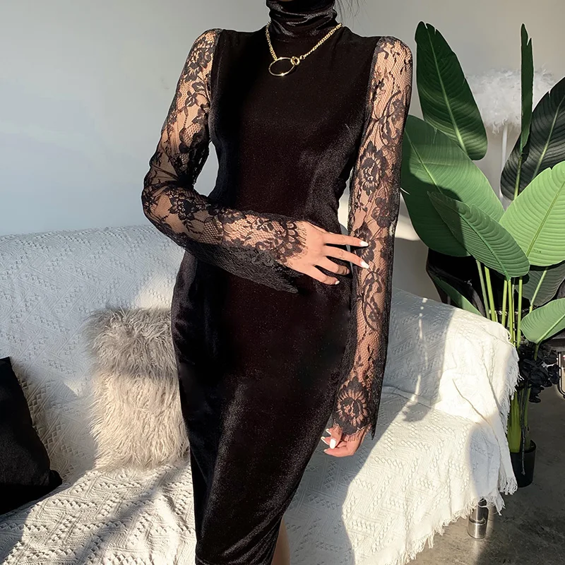 Черное облегающее платье с высокой талией кружевное Сетчатое длинным рукавом и