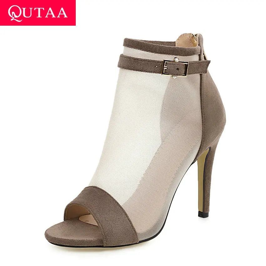 Женские туфли лодочки на молнии QUTAA черные с открытым носком сетчатые босоножки