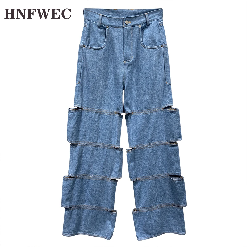 

Women Jeans Pant Irregular Hollow Out irregular Wide Leg Pants All Match Casual Long Jeans Pant 2020 New Fashion Sexy P129
