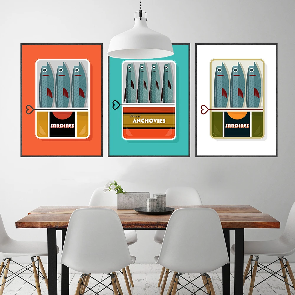 

Home Decor Cartoon Sardines Canvas Paintings Classic 60s Retro Funny Food Wall Art Poster Print Picture For Kitchen Restauran