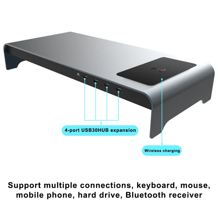 Aluminum Monitor Stand with USB 3.0 Desk HUB Extension and wirless charge Metal Riser Support Transfer Data and Charging