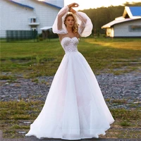 sweetheart neck elegant wedding dress a line appliques detachable puff sleeves bride dress white lace top wedding gown clean