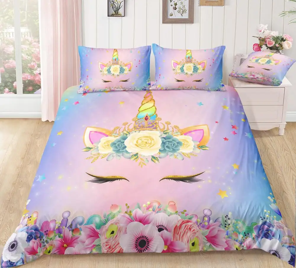 

Dream Unicorn White Bedding Set US Twin Bedclothes Soft Comfortable Polyester Princess style Children Girls Bed Duvet Cover Set