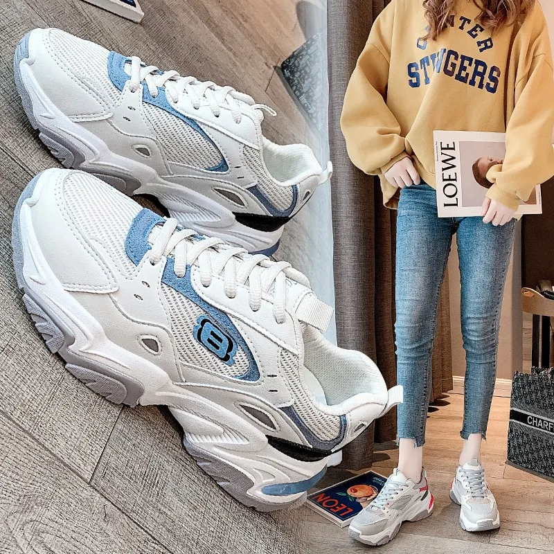 

spring new ladies casual mesh sneakers fashion round toe laces color matching travel platform shoes women running shoes35-40