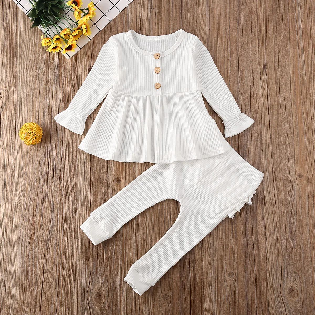 Infant Kids Baby Girl Boys Clothes Sets Solid Long Sleeve Knitted Tops Dress+Ruffle Leggings Pants Outfits | Детская одежда и