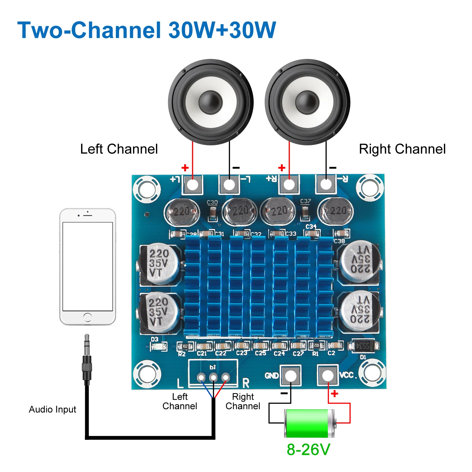 

1pc TPA3110 XH-A232 30W+30W 2.0 Channel Digital Stereo Audio Power Amplifier Board DC 8-26V 3A C6-001