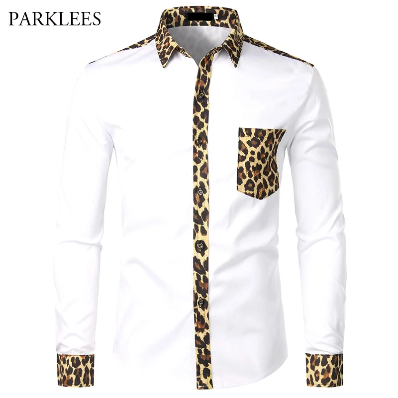 Men Splice Leopard Printed Shirt with Pocket Dress Long Sleeve Fashion Brand Mens Button Shirts Camisas Hombre USA | Мужская одежда