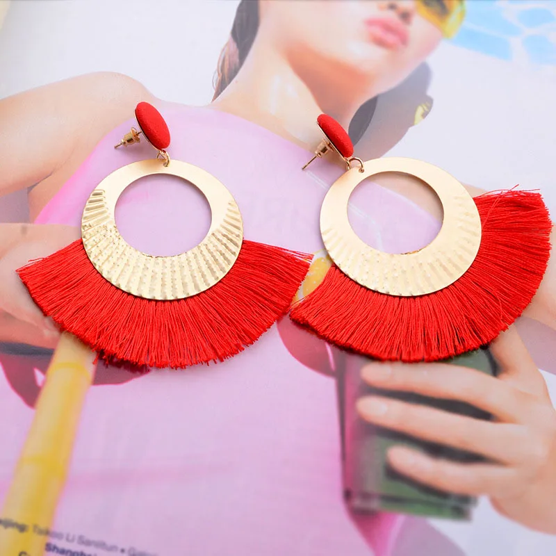 Classic Bohemian Stud Earrings Folk-custom Silk Tassel Scalloped Earring 2019 Gold Metal Big Circle Fashion Women Jewelry Gifts | Украшения