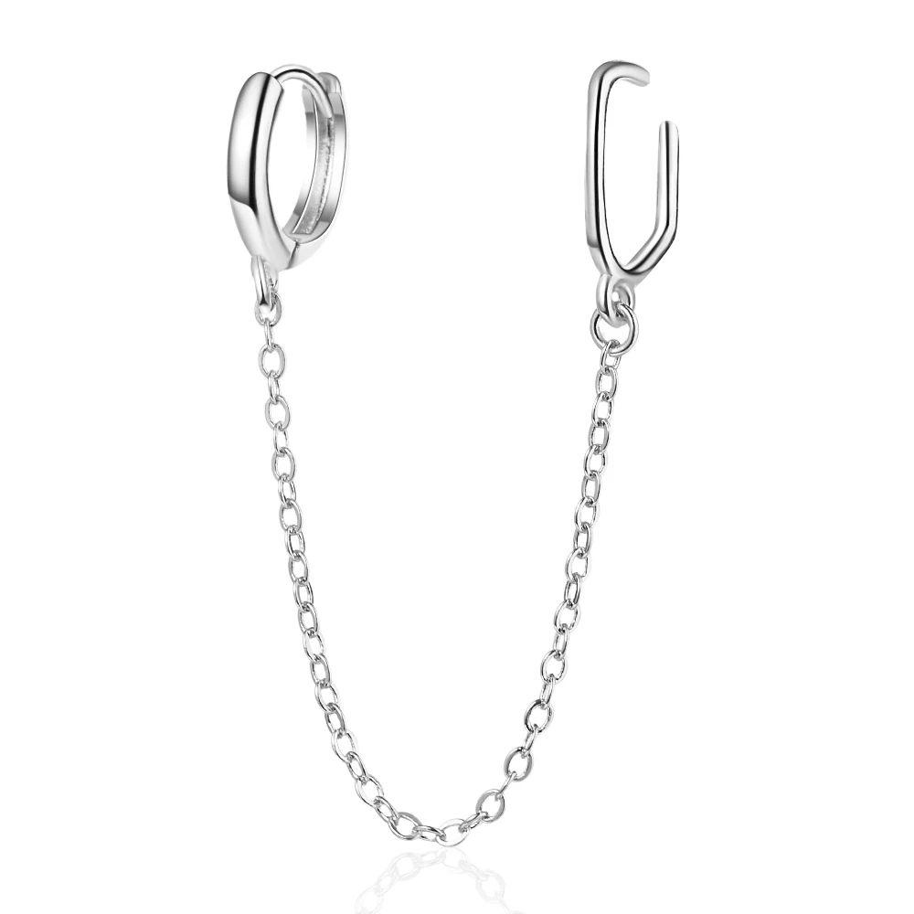 

YH-ZL 925 Sterling Silver 1PC Double Ear Hole Cubic Zircon Hoop Earrings Chain Cuff Earring Jewelry For Women