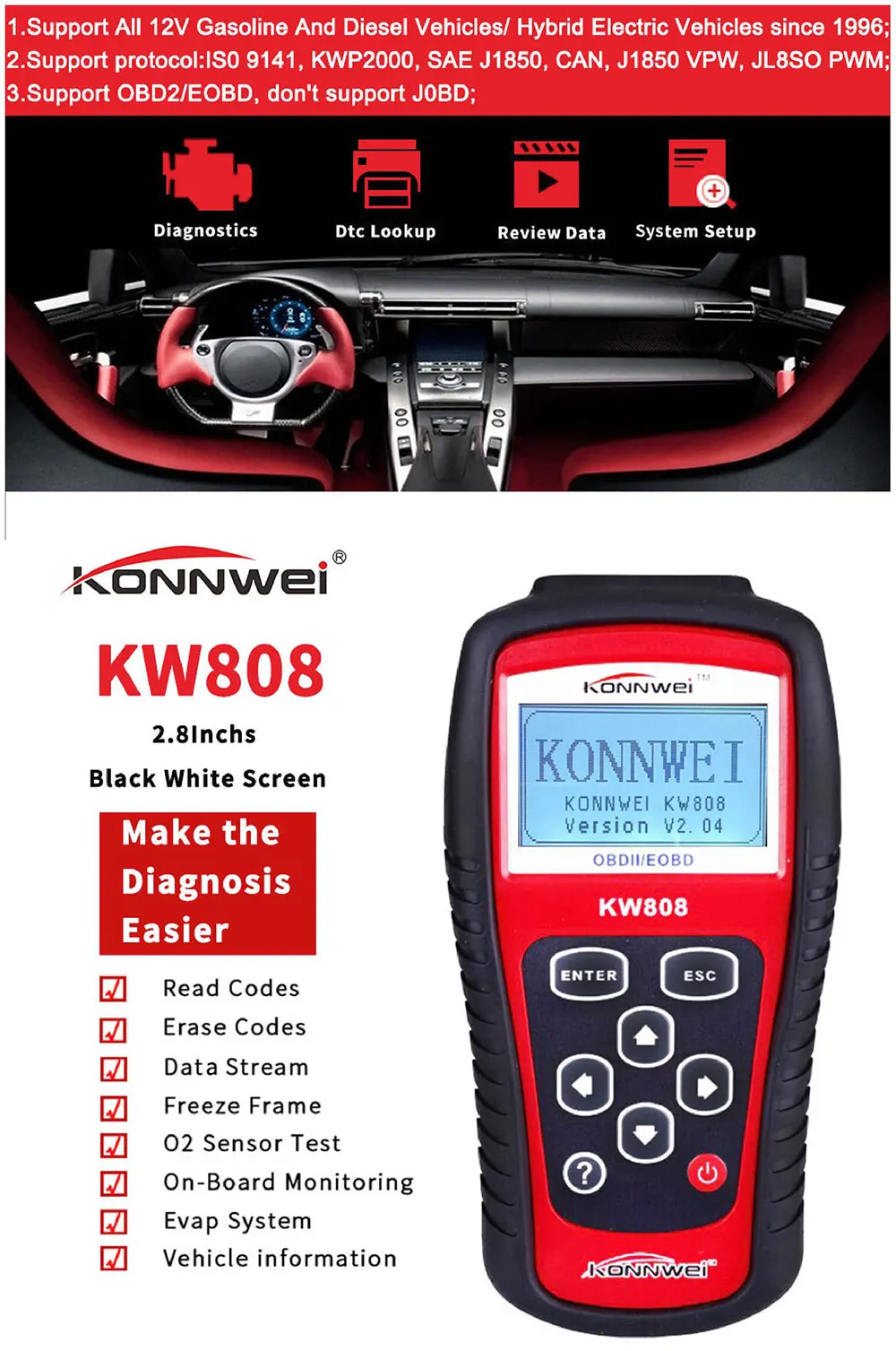 KONNWEI KW808 OBD Автомобильный сканер OBD2 автомобильный диагностический сканер инструмент поддерживает J1850 двигатель Fualt код ридер dfd