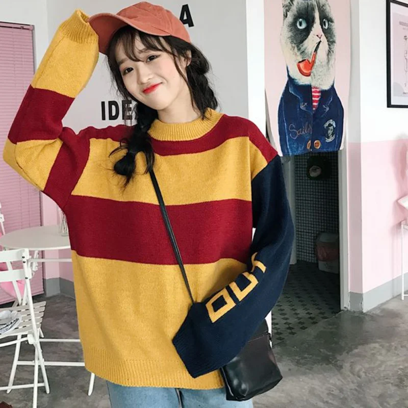 

Autumn Women Sweaters Letter Long Sleeve Knitted Tops Casual O-Neck Loose Striped Pullovers 2020 Fashion Tops