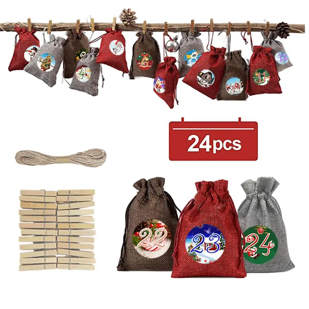 

24pcs Christmas Gift Bags Calendar Countdown Jute Bag Candy Storage Pouch DIY Christmas Advent Calendar Bag Calendrier avent