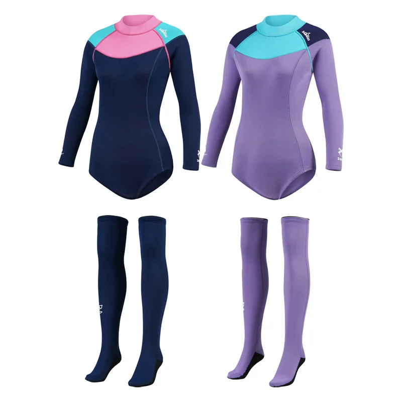 Women 2mm Neoprene Wetsuit With Non-slip Knee Socks Female One-Piece Warm Swimsuit Snorkeling Anti-UV Surfing Swimming Wetsuit