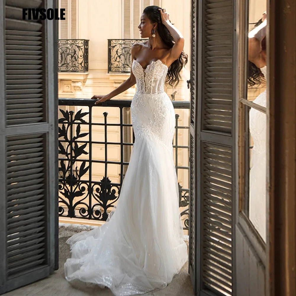 

Fivsole Mermaid Boho Wedding Dresses Sweetheart Lace Appliques Beach Mariage Gowns Illusion Shiny Bridal Gowns With Train Robe