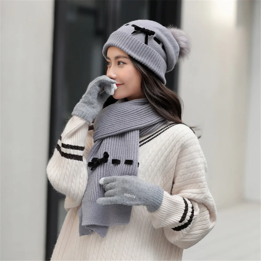 

Three-piece Hats Scarf Gloves Set Students Children Hat Winter Warm Glove Pompon Knitted Hat Autumn Girl Cap Fashion Sets Female